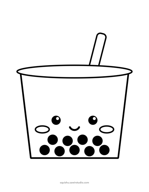 Coloring page of a smiling boba in black outlines