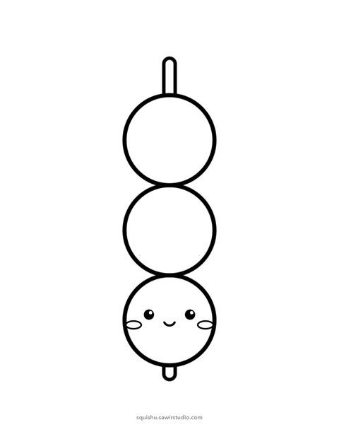 Coloring page of a smiling dango in black outlines