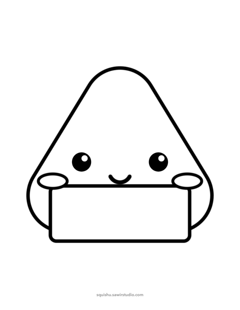 Coloring page of a smiling onigiri in black outlines